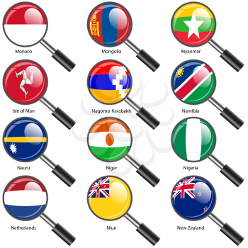 Set  Flags of world sovereign states Magnifying glass. Vector illustration. Set number 11. Exact colors. Easy changes.