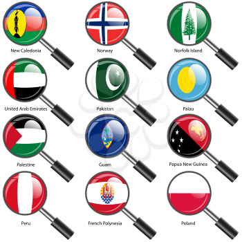 Set  Flags of world sovereign states Magnifying glass. Vector illustration. Set number 12. Exact colors. Easy changes.