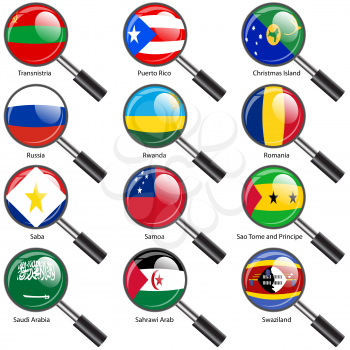 Set  Flags of world sovereign states Magnifying glass. Vector illustration. Set number 13. Exact colors. Easy changes.