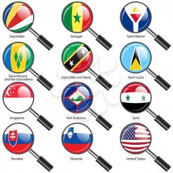 Set  Flags of world sovereign states Magnifying glass. Vector illustration. Set number 14. Exact colors. Easy changes.