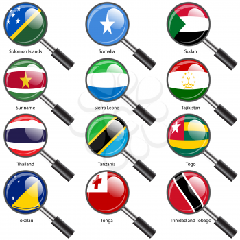 Set  Flags of world sovereign states Magnifying glass. Vector illustration. Set number 15. Exact colors. Easy changes.