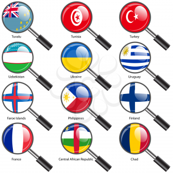 Set  Flags of world sovereign states Magnifying glass. Vector illustration. Set number 16. Exact colors. Easy changes.