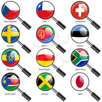Set  Flags of world sovereign states Magnifying glass. Vector illustration. Set number 17. Exact colors. Easy changes.