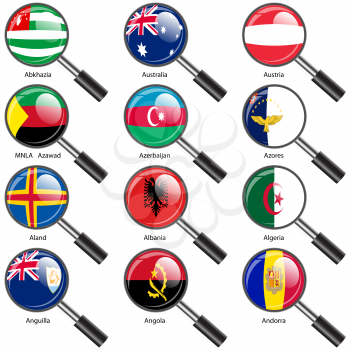 Set  Flags of world sovereign states magnifying glass. Vector illustration. Set number 1. Exact colors. Easy changes.
