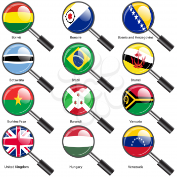 Set  Flags of world sovereign states Magnifying glass. Vector illustration. Set number 3. Exact colors. Easy changes.