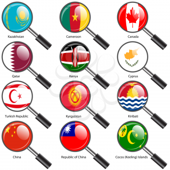 Set  Flags of world sovereign states Magnifying glass. Vector illustration. Set number 7. Exact colors. Easy changes.