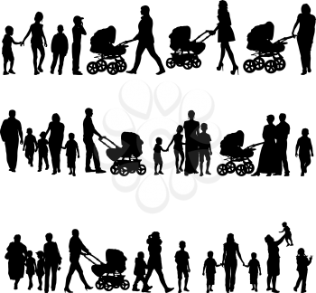 Black set of silhouettes of parents and children on white background. Vector illustration.