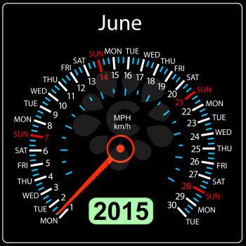 2015 year calendar speedometer car in vector. June.