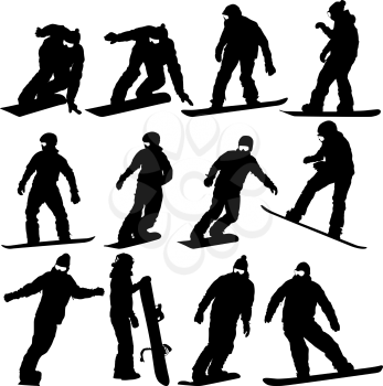 Black silhouettes set snowboarders on white background. Vector illustration.
