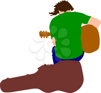 Silhouette musician guitar player sitting on the case. Vector illustration. 