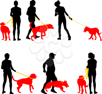 Silhouettes of people and dogs. Vector illustration.