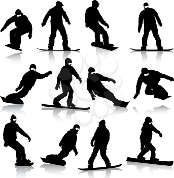 Black silhouettes set snowboarders on white background. Vector illustration.