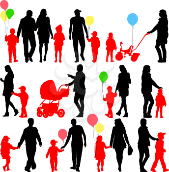 Black set of silhouettes of parents and children with balloons on white background. Vector illustration.