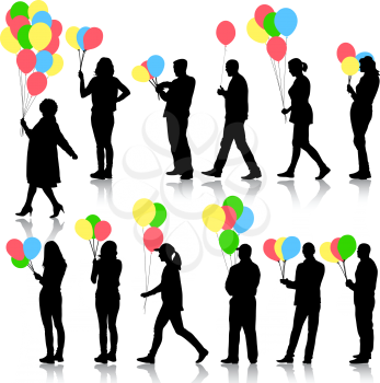 Black silhouettes of beautiful mans with balloons and womans on white background. Vector illustration.