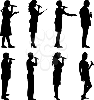 Black silhouettes of  mans and womans singing karaoke on white background. Vector illustration.