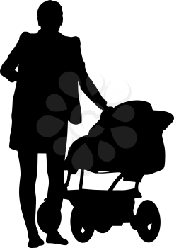 Silhouettes  walkings mothers with baby strollers. Vector illustration.