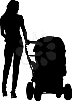 Silhouettes  walkings mothers with baby strollers. Vector illustration.