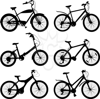 Set of silhouettes of different bikes. Vector illustration.