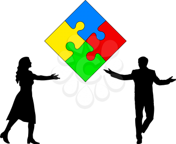 Jigsaw puzzle hold silhouettes of men and women. Vector illustration.