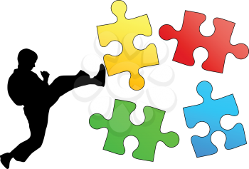 Jigsaw puzzle silhouette of karate breaks leg. Vector illustration.