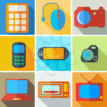 Collection modern flat icons computer technology with long shadow effect for design. Vector illustration.