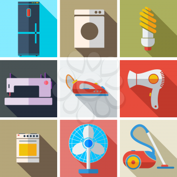Collection modern flat icons household appliances with long shadow effect for design. Vector illustration.