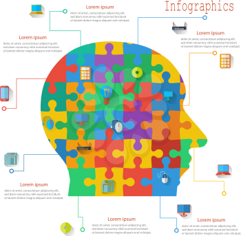 Infographics report templates in the form of the head of the jigsaw puzzle elements. Vector illustration.