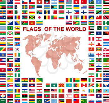 Flags of the world and  map on white background. Vector illustration.
