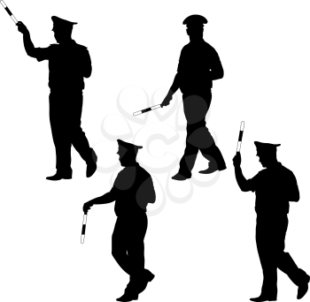 Black silhouettes of Police officer  with a rod on white background. Vector illustration.