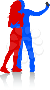Silhouettes  man and woman taking selfie with smartphone on white background. Vector illustration.