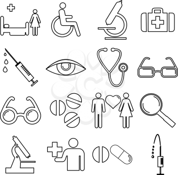 Collection flat icons with long shadow. Medicine symbols. Vector illustration.