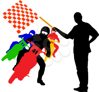 Man waving  checkered flag before the finish motorcyclist. Vector illustration.
