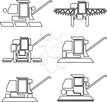 Collection flat icons with long shadow. Agricultural vehicles harvesting combine symbols. Vector illustration.