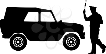 Silhouette, police stopped a car with a rod. Vector illustration.