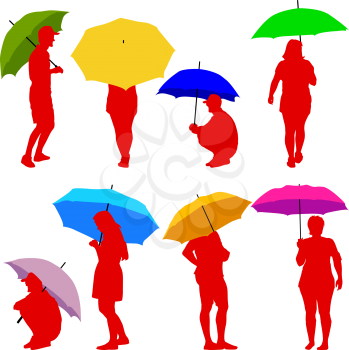 Silhouettes man and woman under umbrella. Vector illustrations.