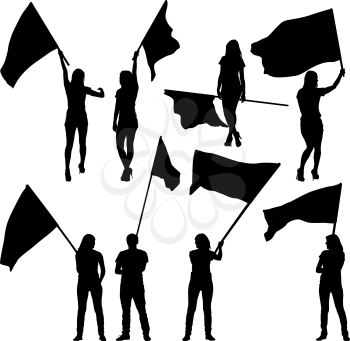 Black silhouettes of  mans and womans with flags on white background. Vector illustration.
