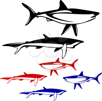Set shark,  black and white outline. Vector illustration.