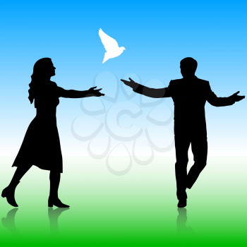 Concept of love or peace. Silhouettes girl and guy released doves into the sky. Vector illustration.