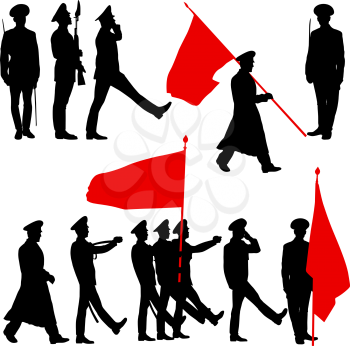 Silhouette  military people  with flags collection.  Vector illustration.