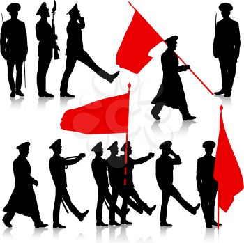 Silhouette  military people  with flags collection.  Vector illustration.