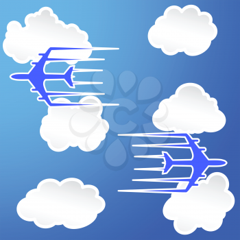Planes trail in the cloudy sky Vector Illustration