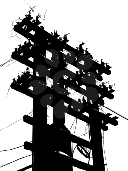 Old decrepit wooden telephone pole on  white background. Vector illustration.