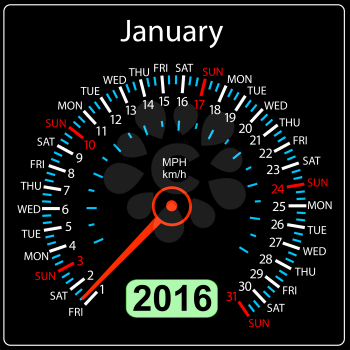 2016 year calendar speedometer car. January. Vector illustration.