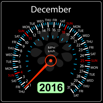 2016 year calendar speedometer car. December. Vector illustration.