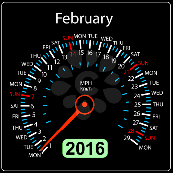 2016 year calendar speedometer car. February. Vector illustration.
