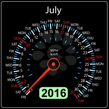 2016 year calendar speedometer car. July. Vector illustration.