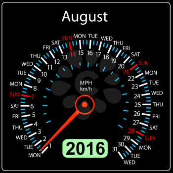 2016 year calendar speedometer car. August. Vector illustration.