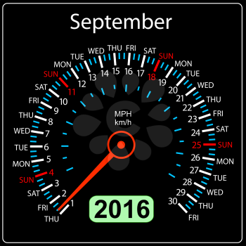 2016 year calendar speedometer car. September. Vector illustration.