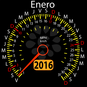 2016 year calendar speedometer car in Spanish, January. Vector illustration.