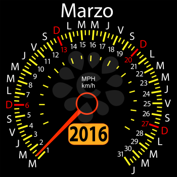 2016 year calendar speedometer car in Spanish, March. Vector illustration.